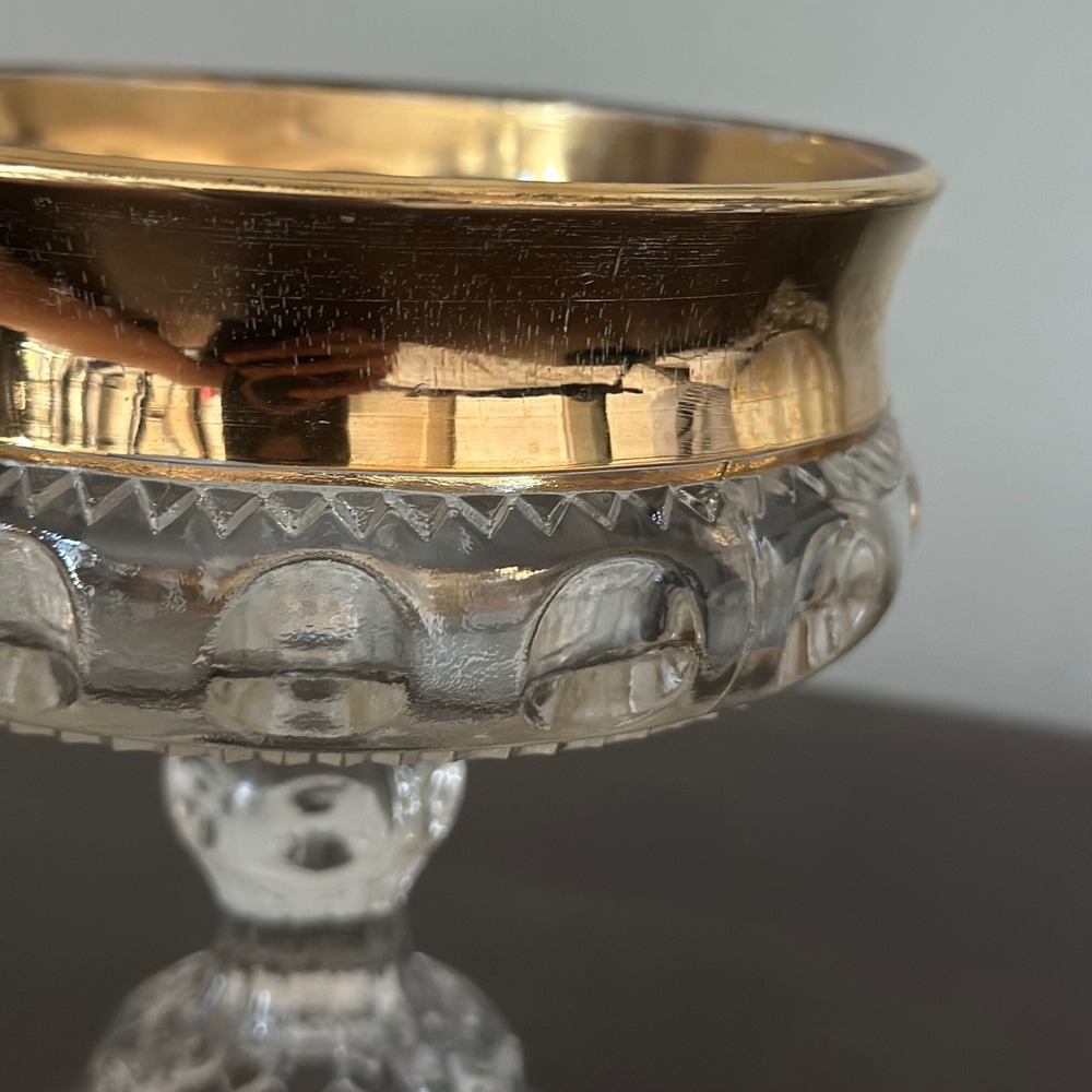 VTG Indiana Glass Kings Crown Thumbprint Pedestal Compote Candy Dish Gold Rimmed - Picture 6 of 8